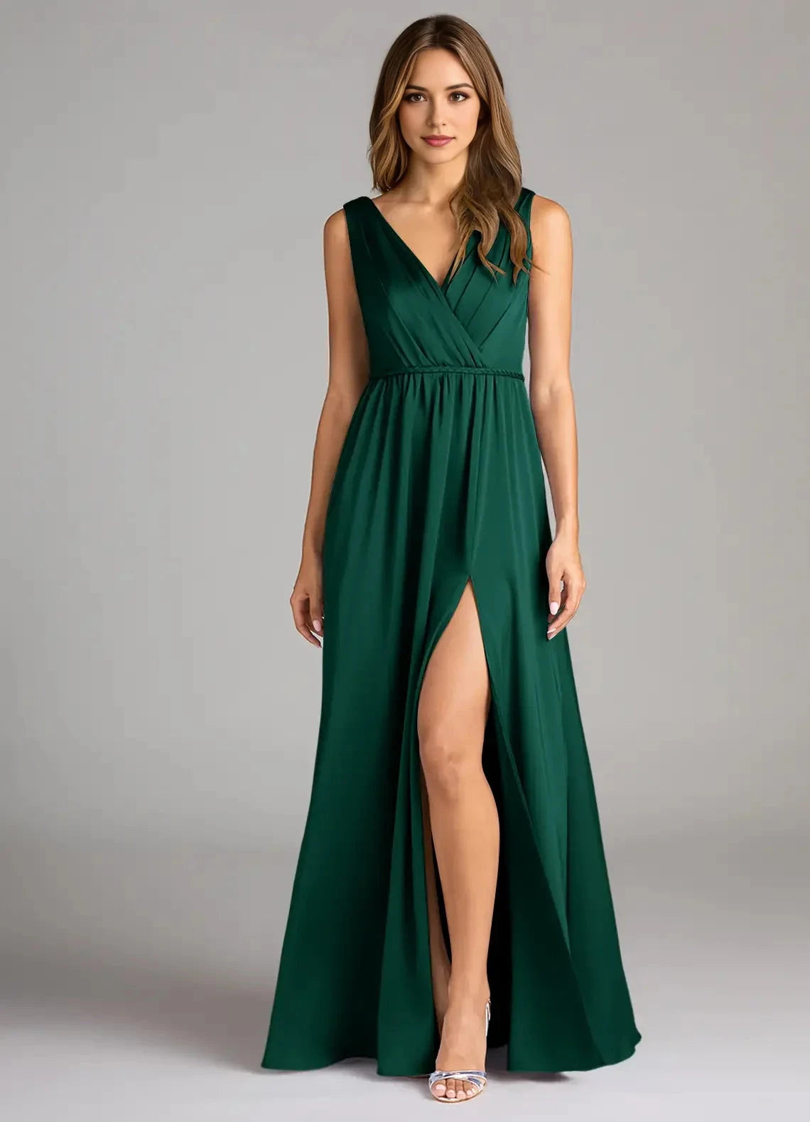Emerald Green V-Neck Maxi Dress with Side Slit and Open Back Emerald A-Line Pleated Stretch Satin Dress Bridesmaid Dresses by YiHuiw