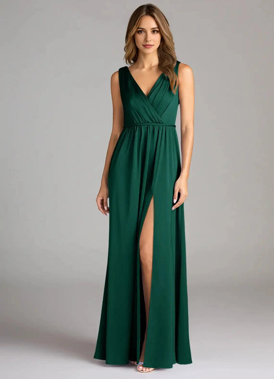 Emerald Green V-Neck Maxi Dress with Side Slit and Open Back Emerald A-Line Pleated Stretch Satin Dress Bridesmaid Dresses by YiHuiw