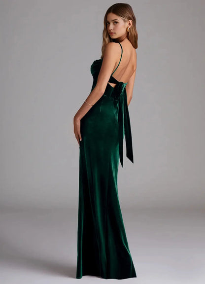 Emerald Green Velvet Cowl Neck Maxi Dress with Back Bow Sheath Sweetheart Neckline Velvet Dress Bridesmaid Dresses by YiHuiw