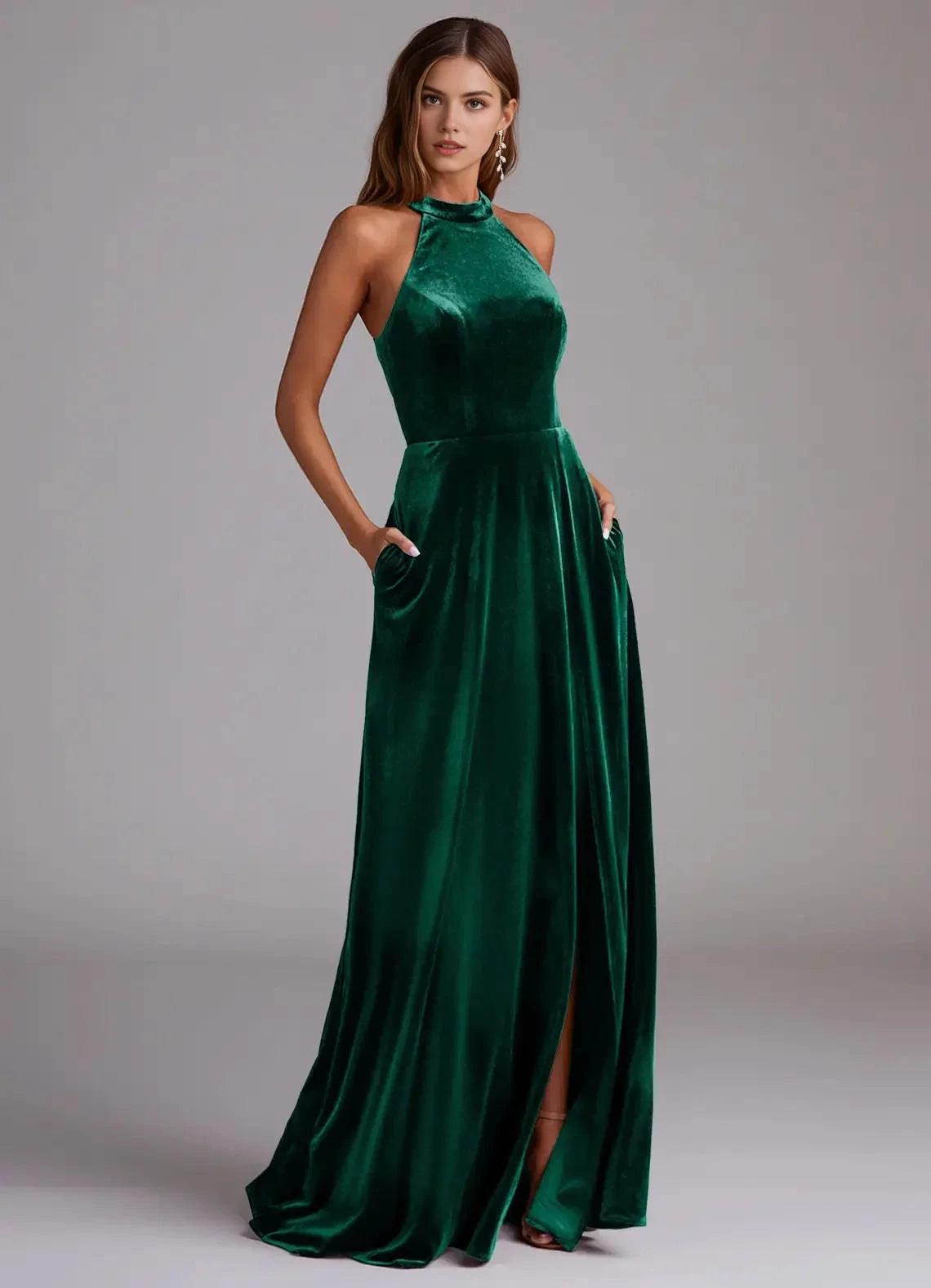 Emerald Green Velvet Halter Neck Evening Gown with Side Slit A-Line with Pockets Velvet Bridesmaid Dresses by YiHuiw