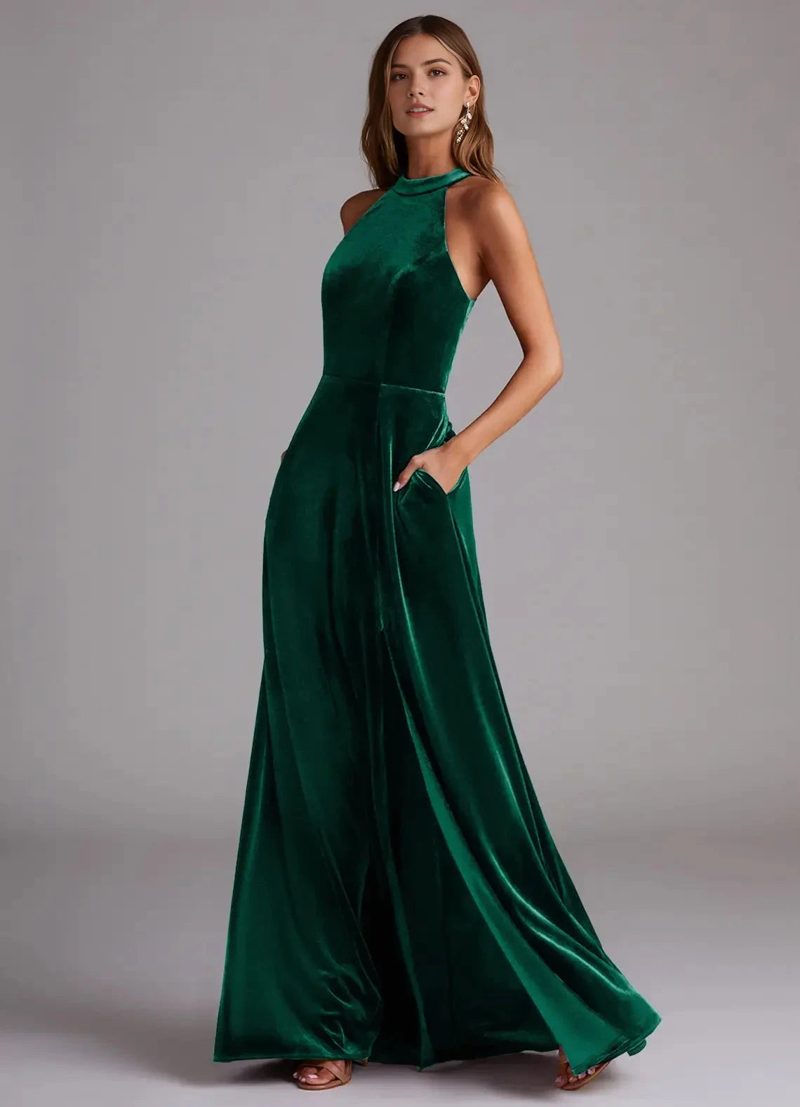 Emerald Green Velvet Halter Neck Evening Gown with Side Slit A-Line with Pockets Velvet Bridesmaid Dresses by YiHuiw