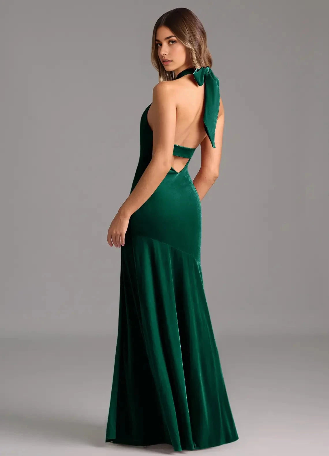 Emerald Green Velvet Halter Neck Maxi Dress with Side Slit and Open Back Emerald A-Line Pleated Velvet Dress Bridesmaid Dresses by YiHuiw