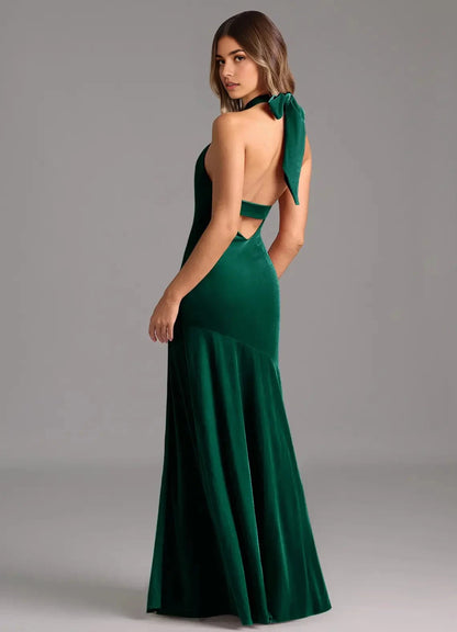 Emerald Green Velvet Halter Neck Maxi Dress with Side Slit and Open Back Emerald A-Line Pleated Velvet Dress Bridesmaid Dresses by YiHuiw