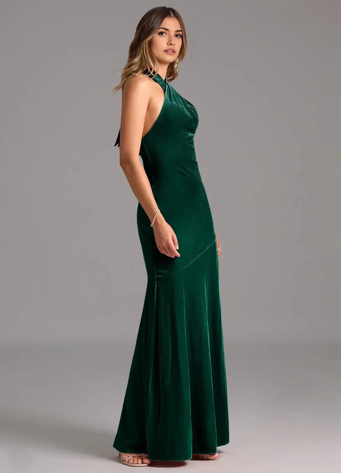 Emerald Green Velvet Halter Neck Maxi Dress with Side Slit and Open Back Emerald A-Line Pleated Velvet Dress Bridesmaid Dresses by YiHuiw