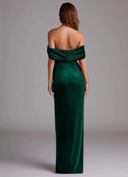 Emerald Green Velvet Off-Shoulder Maxi Dress with Side Slit Emerald Sheath Off the Shoulder Velvet Convertible Dress Bridesmaid Dresses by YiHuiw