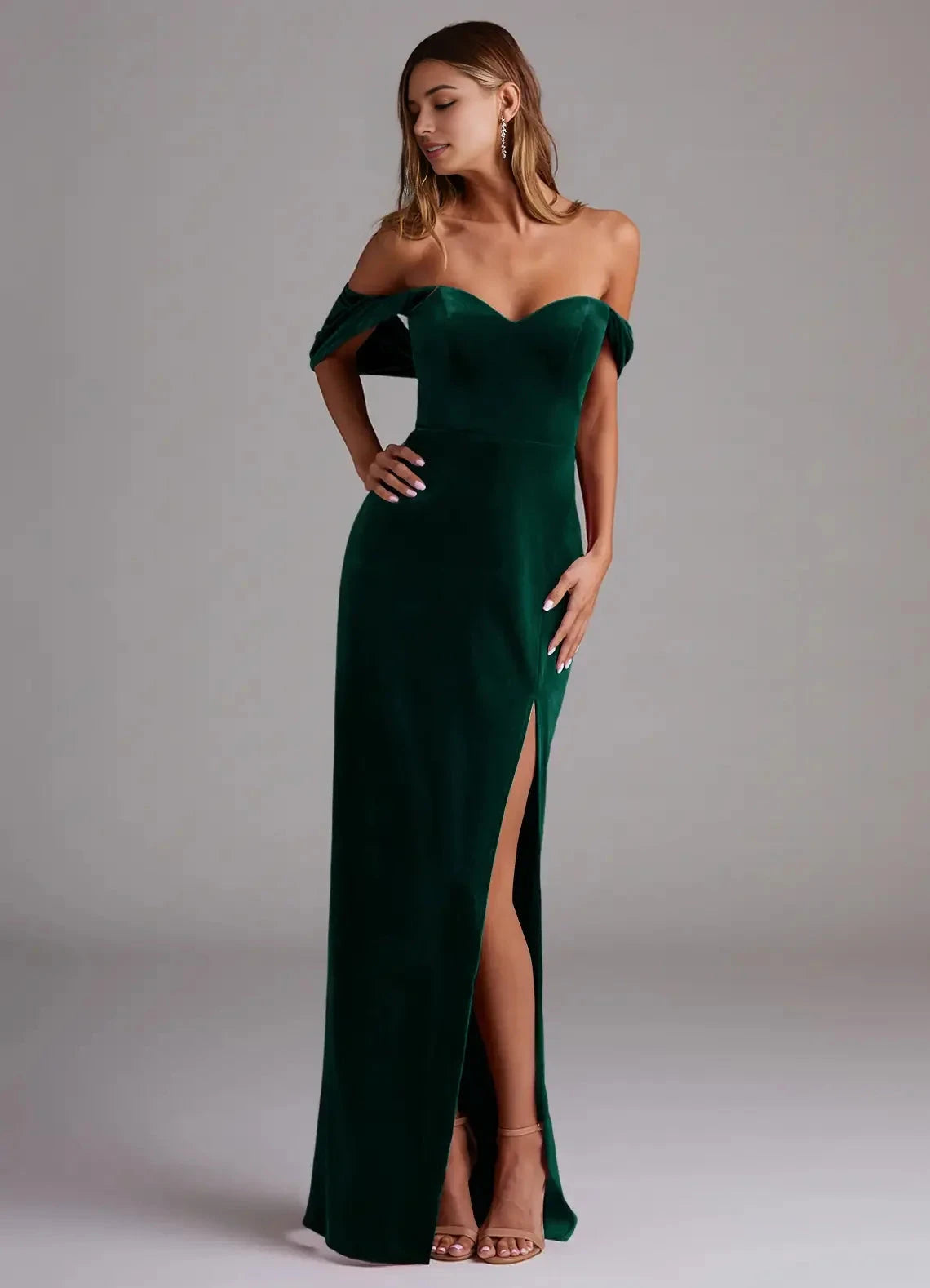 Emerald Green Velvet Off-Shoulder Maxi Dress with Side Slit Emerald Sheath Off the Shoulder Velvet Convertible Dress Bridesmaid Dresses by YiHuiw
