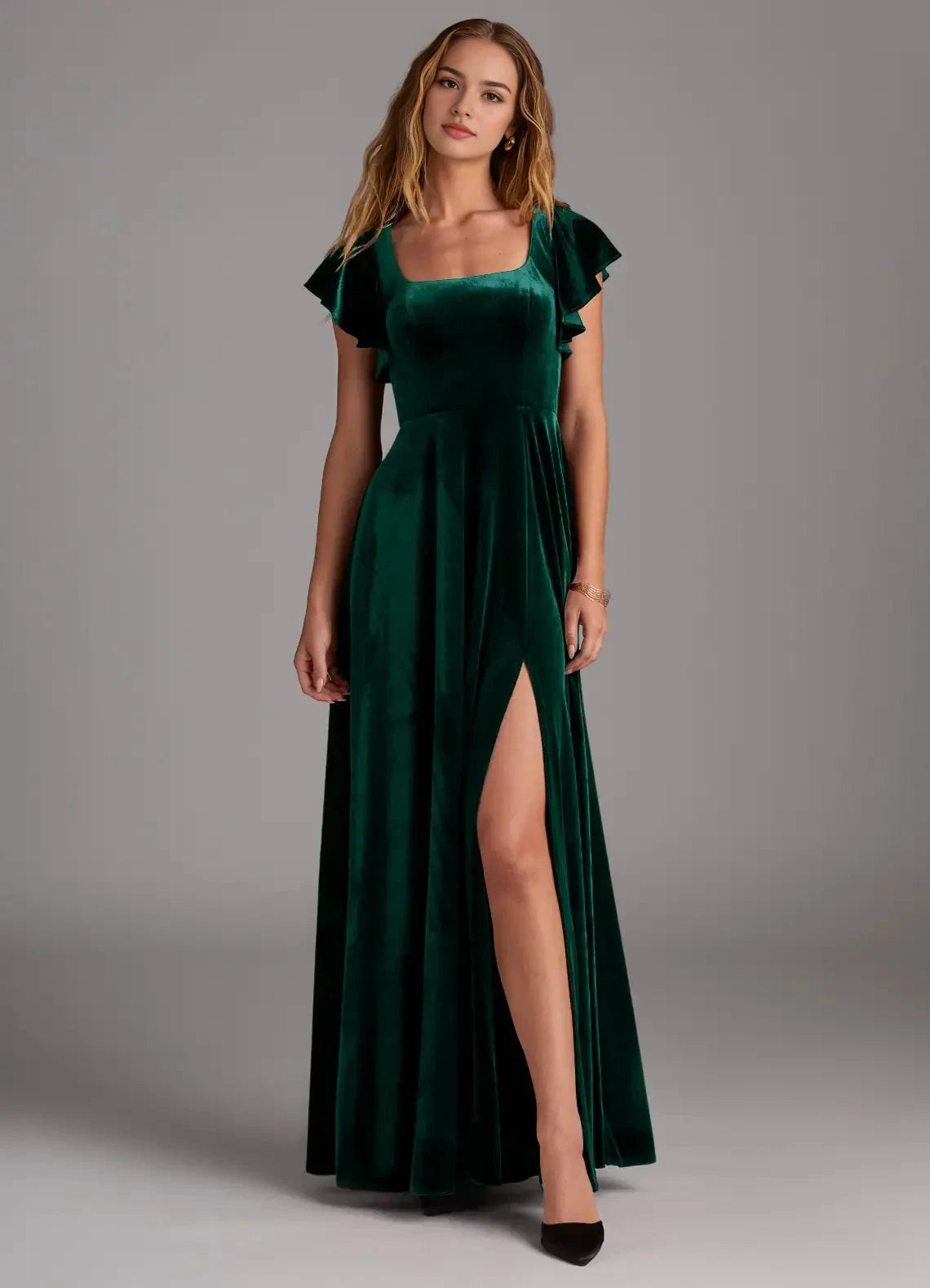 Dusty Blue Spaghetti Strap Maxi Dress with Side Slit and Ruched Detail Dusty Blue Mermaid Pleated Chiffon Dress Bridesmaid Dresses by YiHuiw