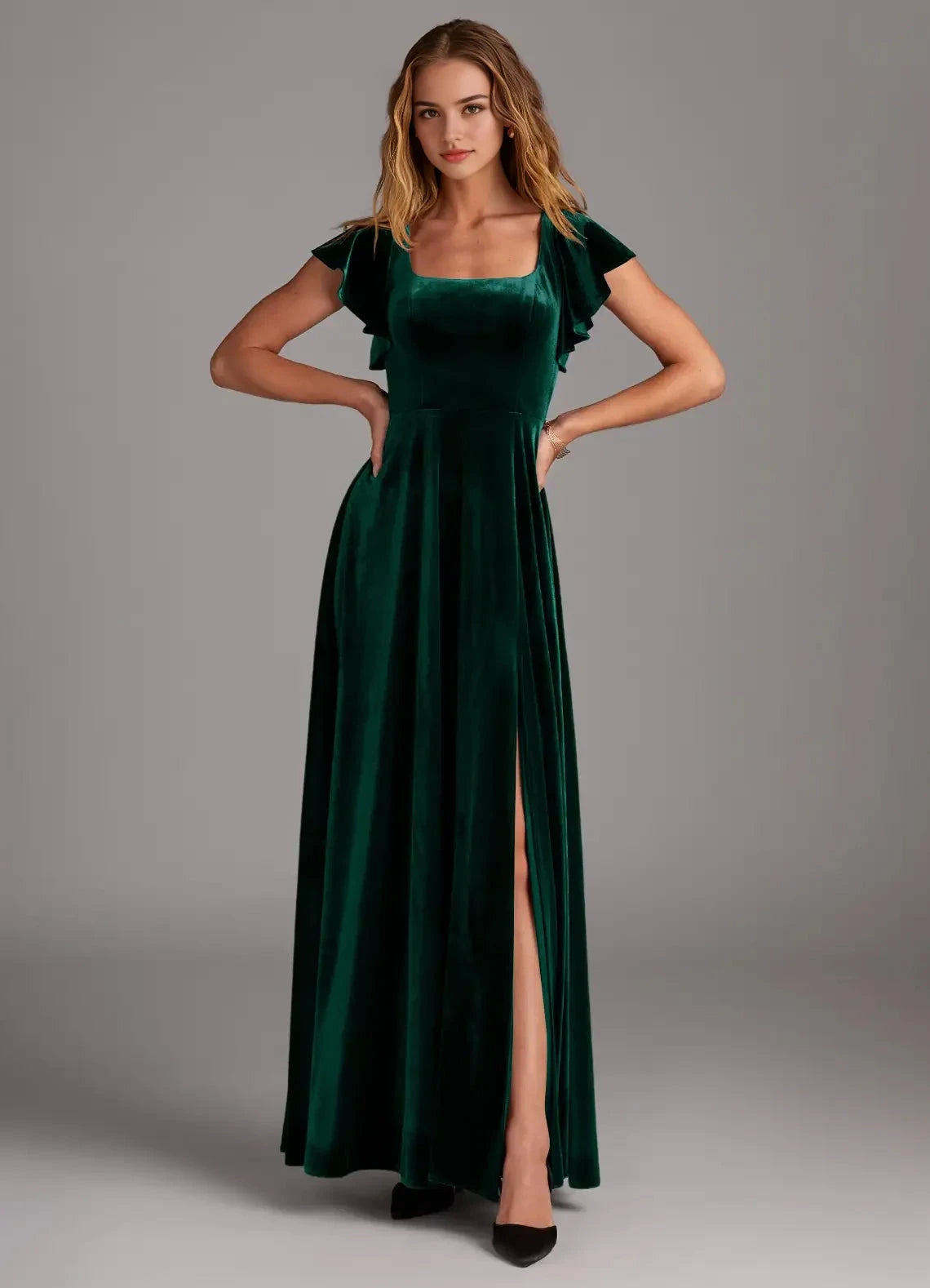 Dusty Blue Spaghetti Strap Maxi Dress with Side Slit and Ruched Detail Dusty Blue Mermaid Pleated Chiffon Dress Bridesmaid Dresses by YiHuiw
