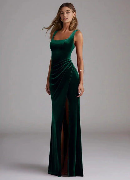 Emerald Green Velvet Square Neck Maxi Dress with Side Slit and Twisted Back Emerald Sheath Pleated Velvet Dress Bridesmaid Dresses by YiHuiw
