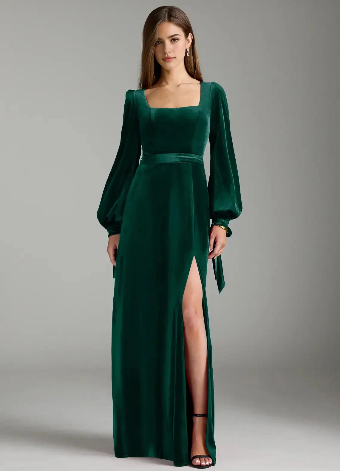 Emerald Green Velvet Square Neck Maxi Dress with Side Slit A-Line Long Sleeve Velvet Dress Bridesmaid Dresses by YiHuiw