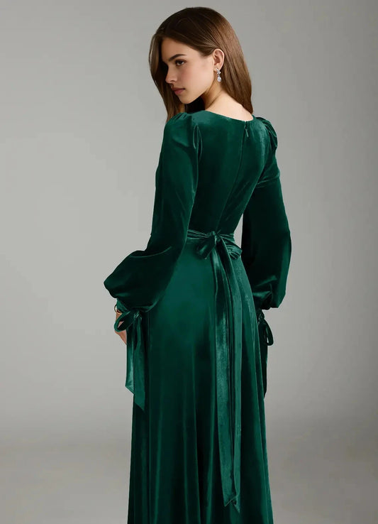 Emerald Green Velvet Square Neck Maxi Dress with Side Slit A-Line Long Sleeve Velvet Dress Bridesmaid Dresses by YiHuiw