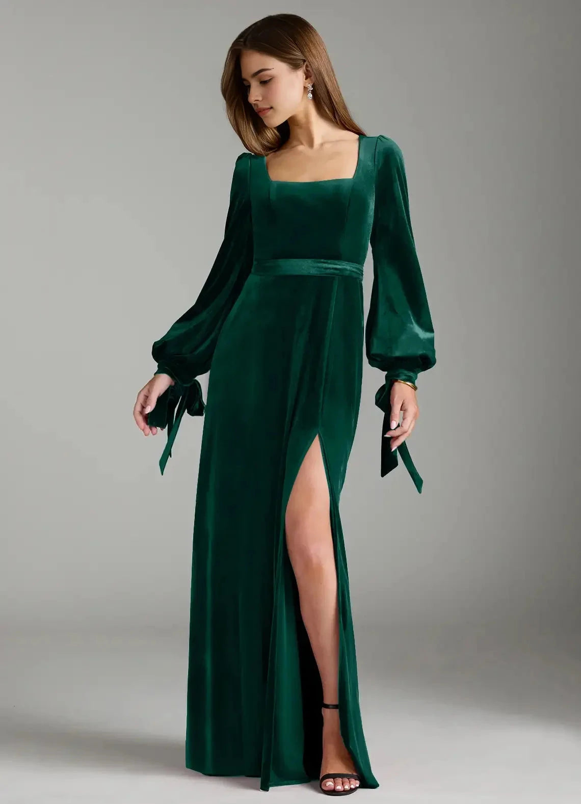 Emerald Green Velvet Square Neck Maxi Dress with Side Slit A-Line Long Sleeve Velvet Dress Bridesmaid Dresses by YiHuiw