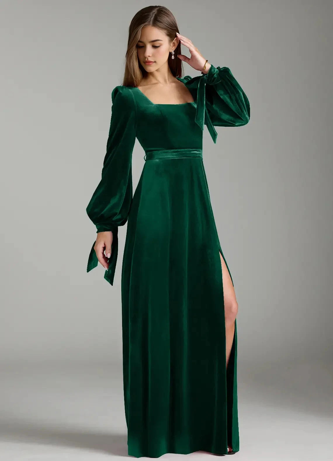 Emerald Green Velvet Square Neck Maxi Dress with Side Slit A-Line Long Sleeve Velvet Dress Bridesmaid Dresses by YiHuiw