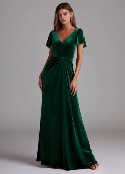 Emerald Green Velvet V-Neck Evening Gown with Flutter Sleeves A-Line Bridesmaid Dresses by YiHuiw