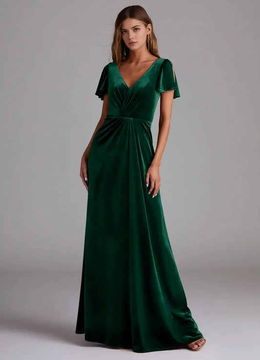 Emerald Green Velvet V-Neck Evening Gown with Flutter Sleeves A-Line Bridesmaid Dresses by YiHuiw
