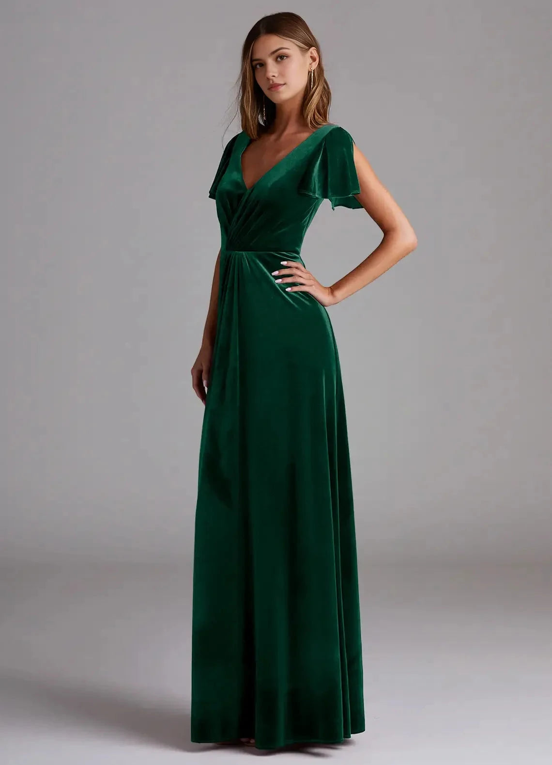 Emerald Green Velvet V-Neck Evening Gown with Flutter Sleeves A-Line Bridesmaid Dresses by YiHuiw