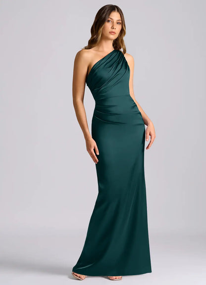 Mermaid One-Shoulder Satin Draped Floor-Length Wedding Dress - Yihuiw by Yihuiw