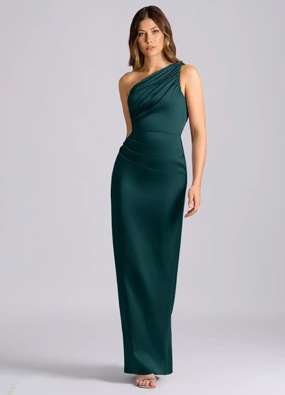 Mermaid One-Shoulder Satin Draped Floor-Length Wedding Dress - Yihuiw by Yihuiw