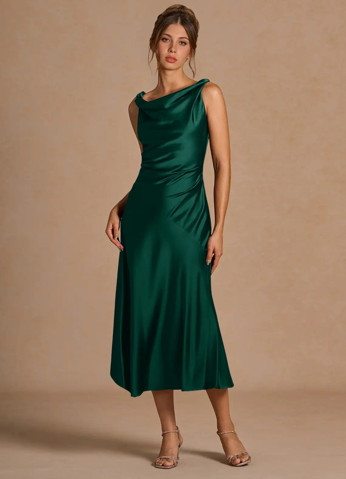 Cowl Neck Satin Asymmetric Midi Wedding Dress - Yihuiw by Yihuiw