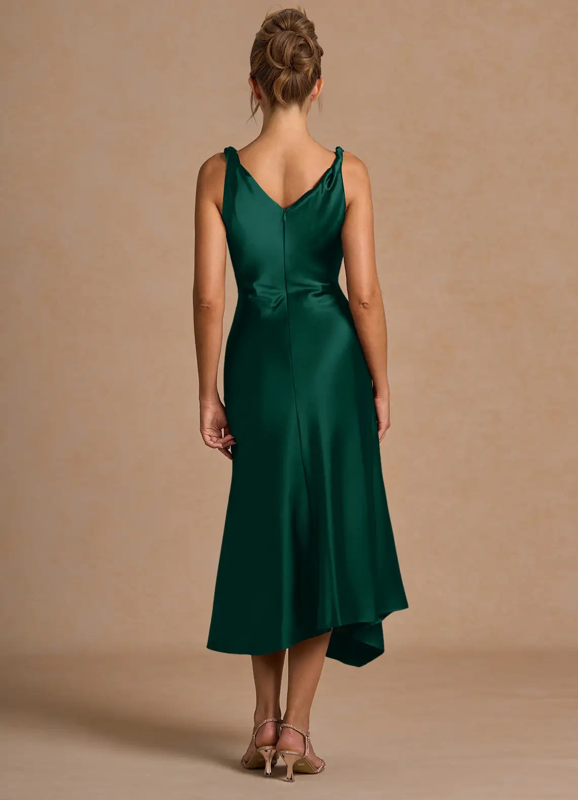 Cowl Neck Satin Asymmetric Midi Wedding Dress - Yihuiw by Yihuiw