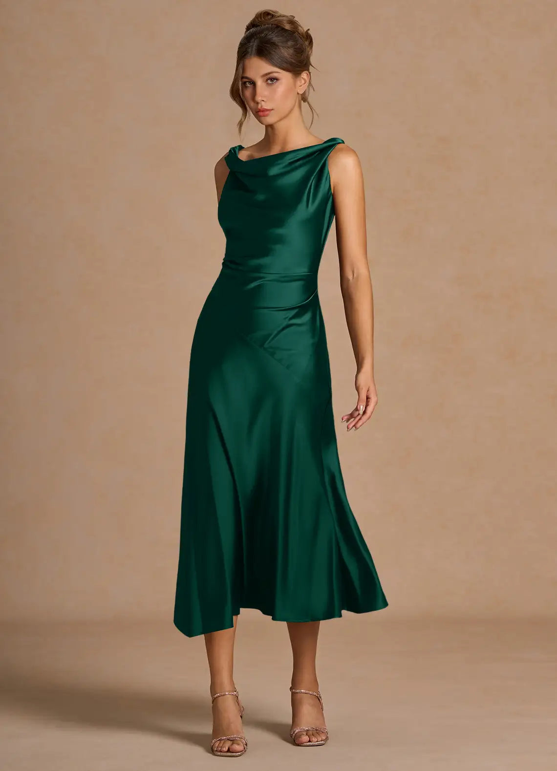 Cowl Neck Satin Asymmetric Midi Wedding Dress - Yihuiw by Yihuiw