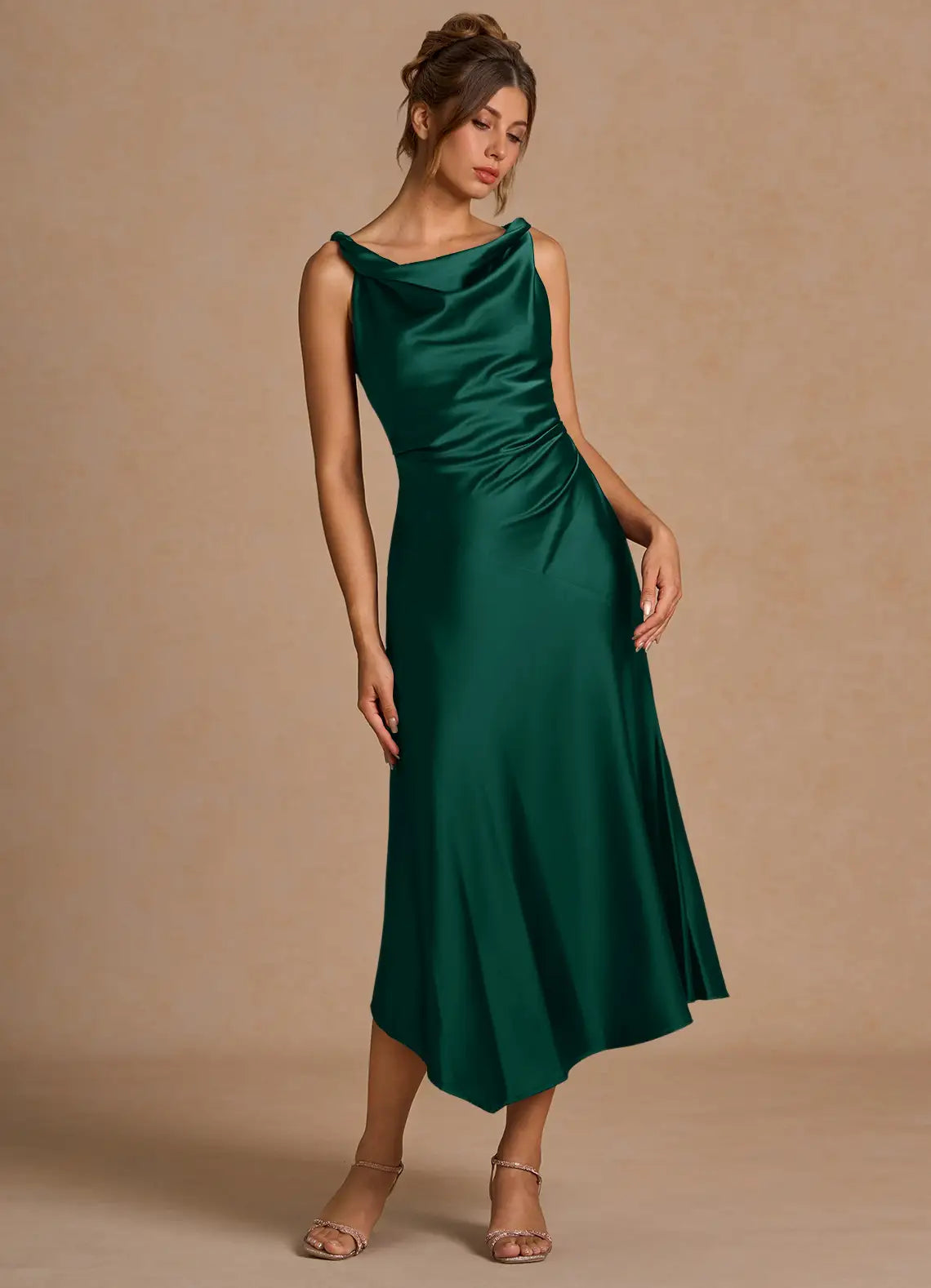 Cowl Neck Satin Asymmetric Midi Wedding Dress - Yihuiw by Yihuiw