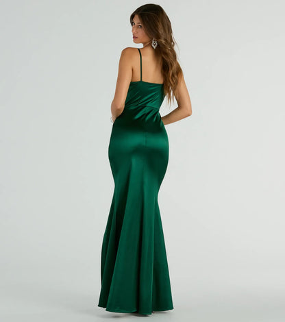 Mermaid Spaghetti Strap Satin High Slit Floor-Length Wedding Dress - Yihuiw by Yihuiw