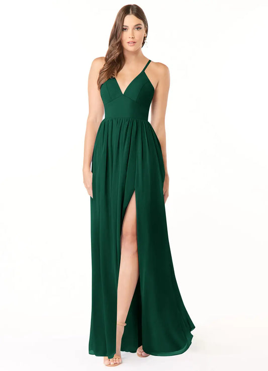 Empire Waist V-Neck Chiffon Lace-Up Back High Slit Floor-Length Wedding Dress - Yihuiw by Yihuiw