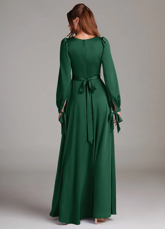 A-Line Square Neck Satin Long Sleeve High Slit Floor-Length Wedding Dress - Yihuiw by Yihuiw
