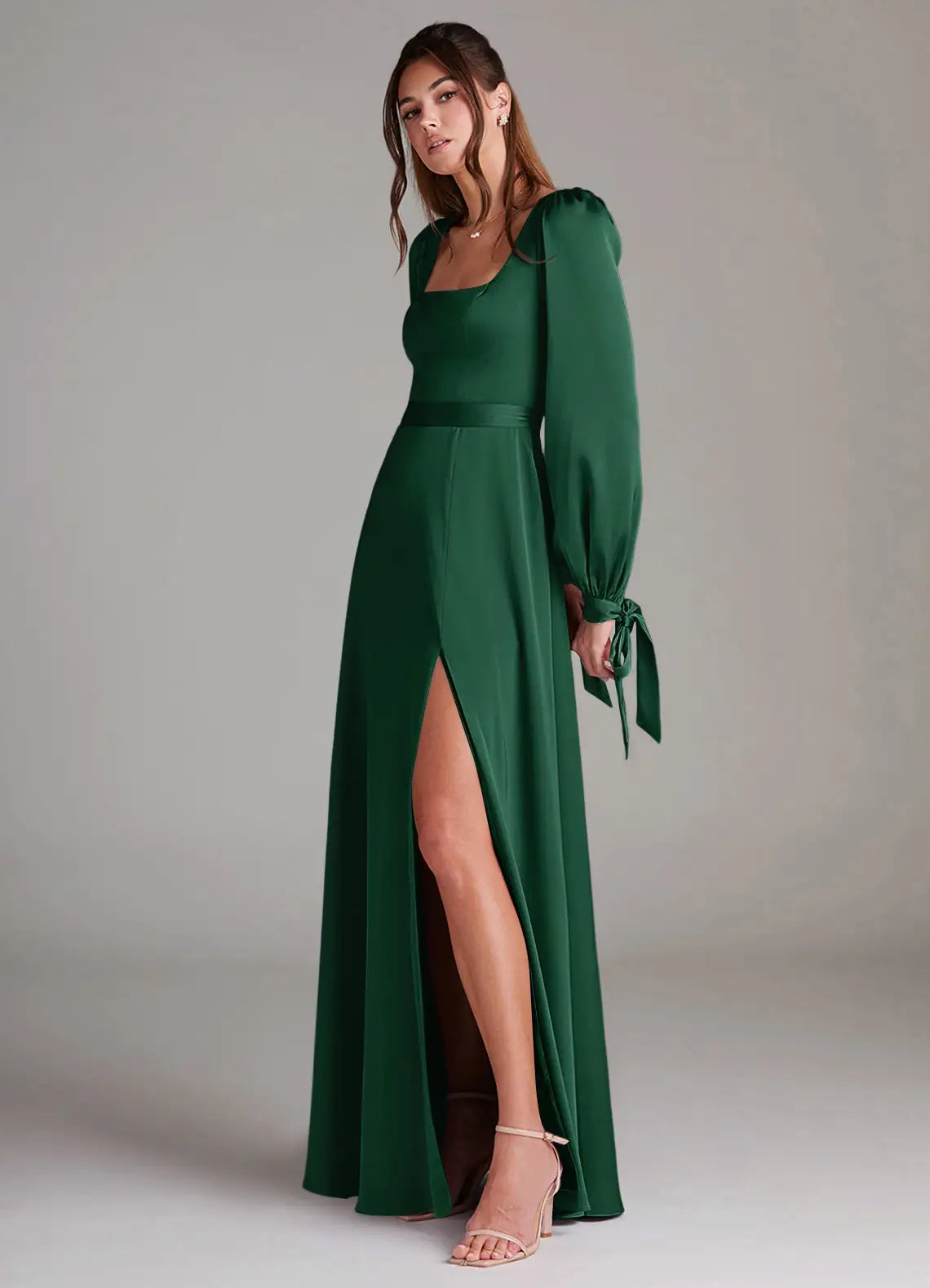 A-Line Square Neck Satin Long Sleeve High Slit Floor-Length Wedding Dress - Yihuiw by Yihuiw