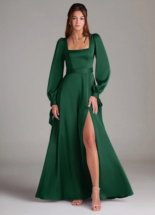 A-Line Square Neck Satin Long Sleeve High Slit Floor-Length Wedding Dress - Yihuiw by Yihuiw