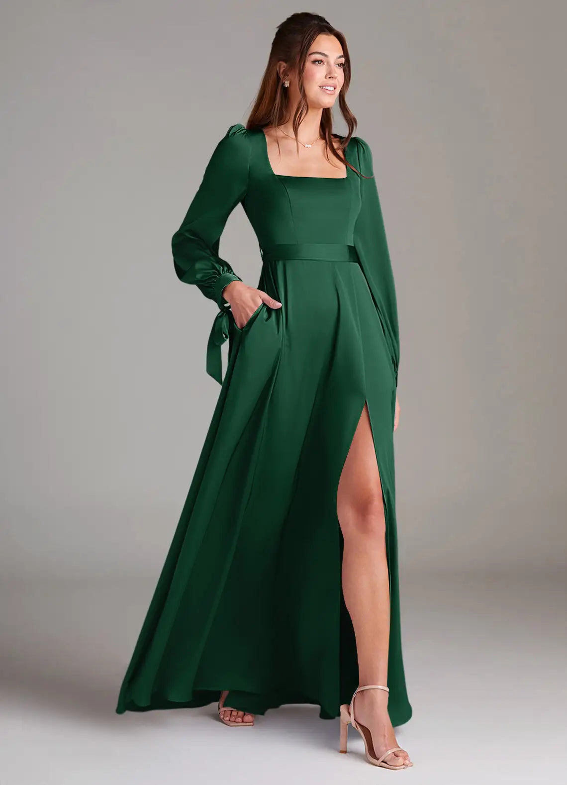 A-Line Square Neck Satin Long Sleeve High Slit Floor-Length Wedding Dress - Yihuiw by Yihuiw