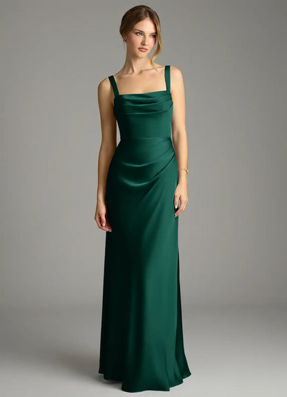 Mermaid Square Neck Satin Pleated Floor-Length Wedding Dress - Yihuiw by Yihuiw
