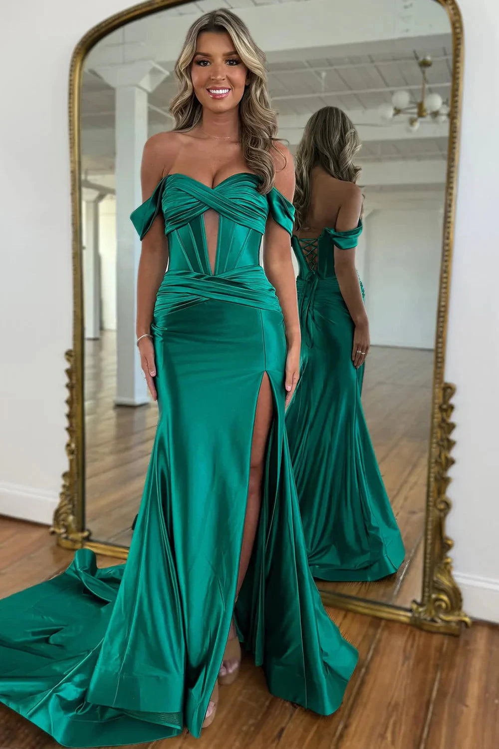 Emerald Green Satin Off Shoulder Prom Dresses Corset Lace Up Back High Slit Train Formal Gown by JiMiss Dresses
