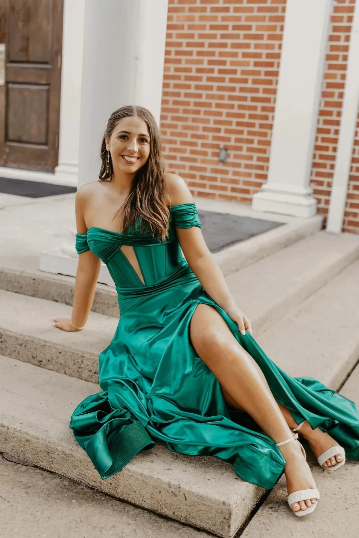 Emerald Green Satin Off Shoulder Prom Dresses Corset Lace Up Back High Slit Train Formal Gown by JiMiss Dresses