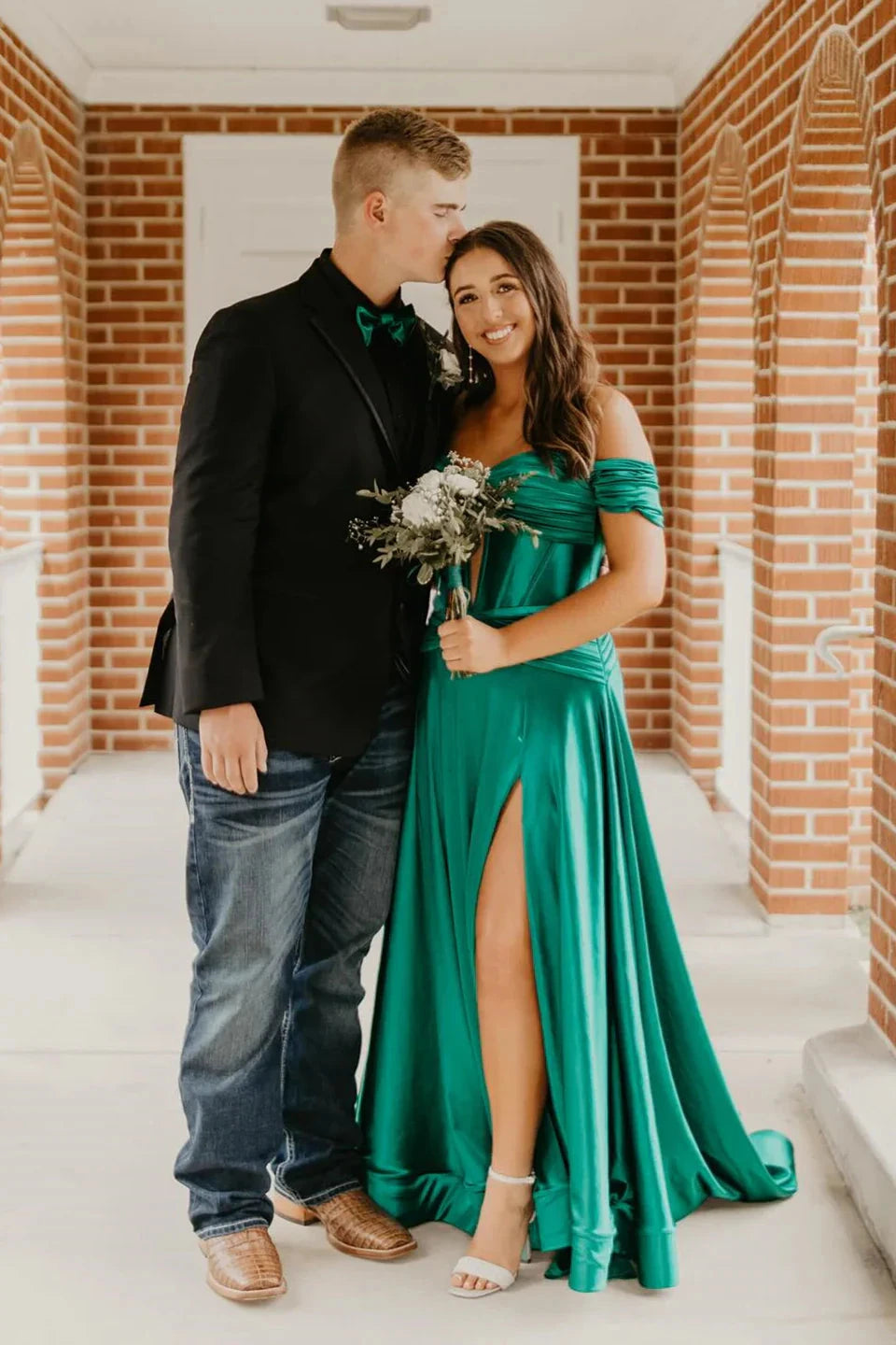 Emerald Green Satin Off Shoulder Prom Dresses Corset Lace Up Back High Slit Train Formal Gown by JiMiss Dresses