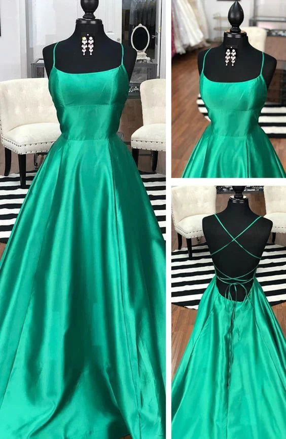 Emerald satin dress with a square neckline design and cross straps at the back, suitable for dinners, dances, and other occasions by YiHuiw
