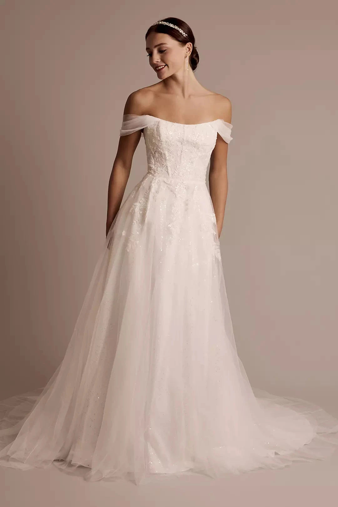 Enchanted Fairytale Ballgown Off-the-Shoulder Sequin-Lace Glitter-Tulle Open-Back Sweeping Train Wedding Dress by YiHuiw