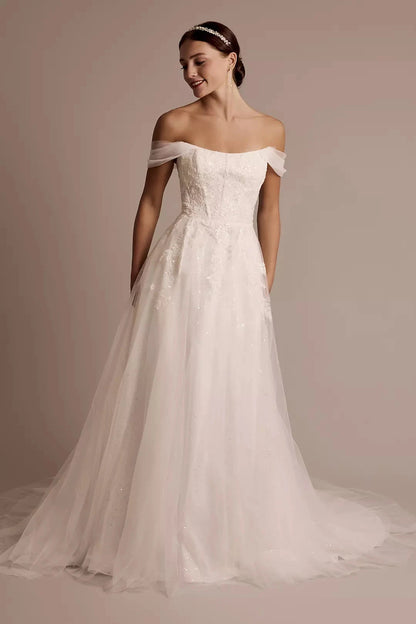 Enchanted Fairytale Ballgown Off-the-Shoulder Sequin-Lace Glitter-Tulle Open-Back Sweeping Train Wedding Dress by YiHuiw