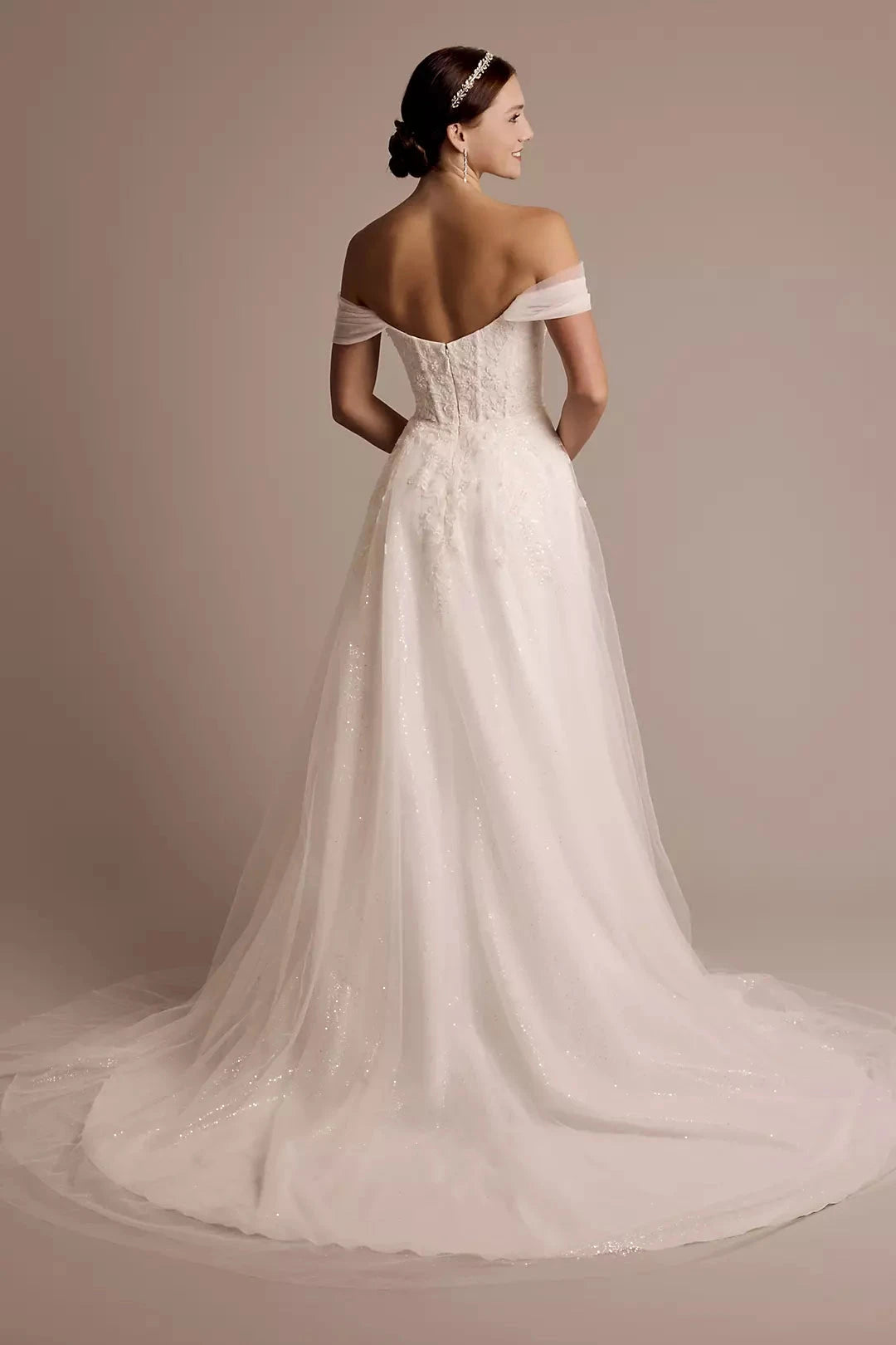 Enchanted Fairytale Ballgown Off-the-Shoulder Sequin-Lace Glitter-Tulle Open-Back Sweeping Train Wedding Dress by YiHuiw