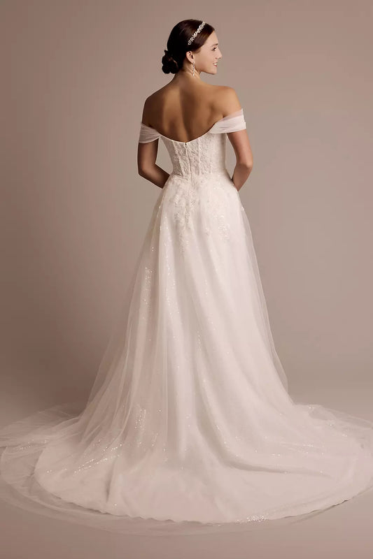 Enchanted Fairytale Ballgown Off-the-Shoulder Sequin-Lace Glitter-Tulle Open-Back Sweeping Train Wedding Dress