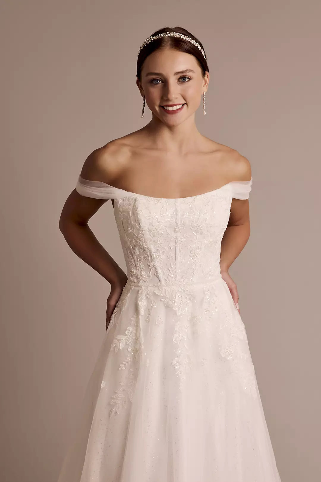 Enchanted Fairytale Ballgown Off-the-Shoulder Sequin-Lace Glitter-Tulle Open-Back Sweeping Train Wedding Dress