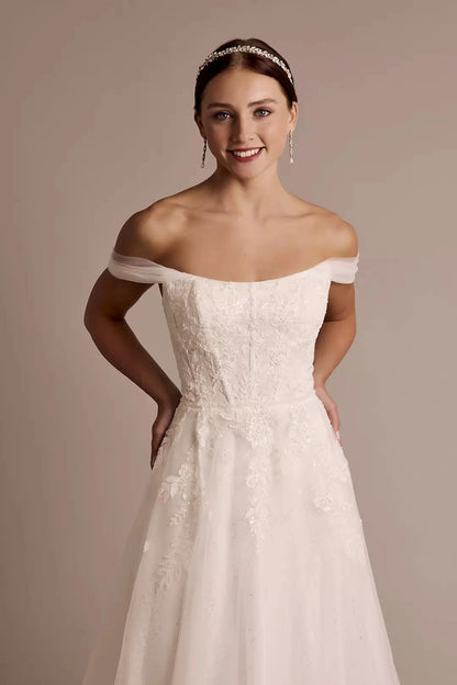 Enchanted Fairytale Ballgown Off-the-Shoulder Sequin-Lace Glitter-Tulle Open-Back Sweeping Train Wedding Dress by YiHuiw
