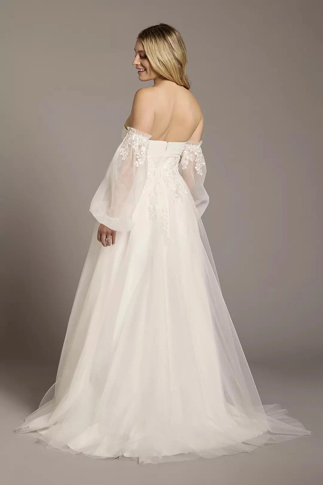 Enchanted Glitter-Tulle A-Line Off-the-Shoulder Puff-Sleeve Lace-Embellished Wedding Dress by YiHuiw