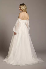 Enchanted Glitter-Tulle A-Line Off-the-Shoulder Puff-Sleeve Lace-Embellished Wedding Dress