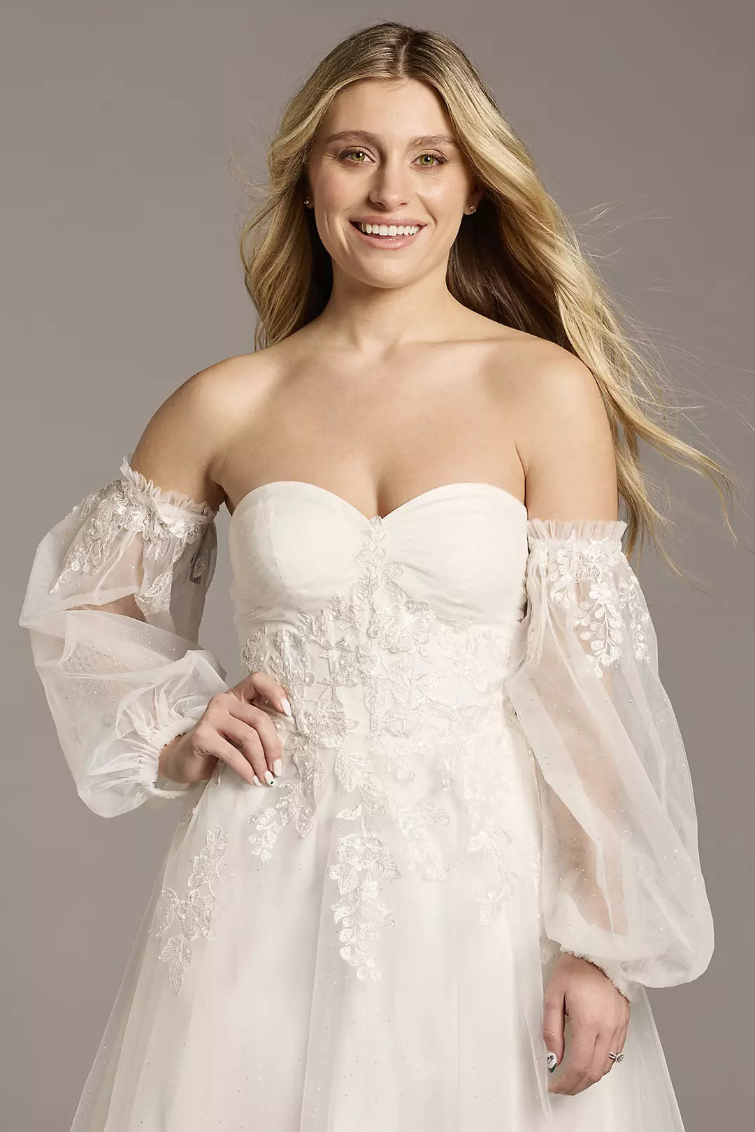 Enchanted Glitter-Tulle A-Line Off-the-Shoulder Puff-Sleeve Lace-Embellished Wedding Dress