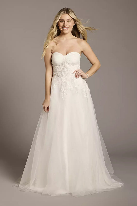 Enchanted Glitter-Tulle A-Line Off-the-Shoulder Puff-Sleeve Lace-Embellished Wedding Dress