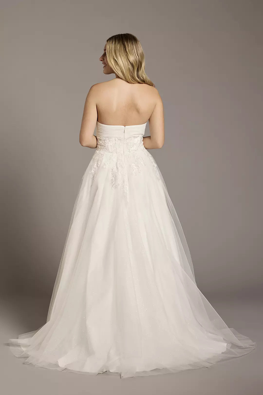 Enchanted Glitter-Tulle A-Line Off-the-Shoulder Puff-Sleeve Lace-Embellished Wedding Dress