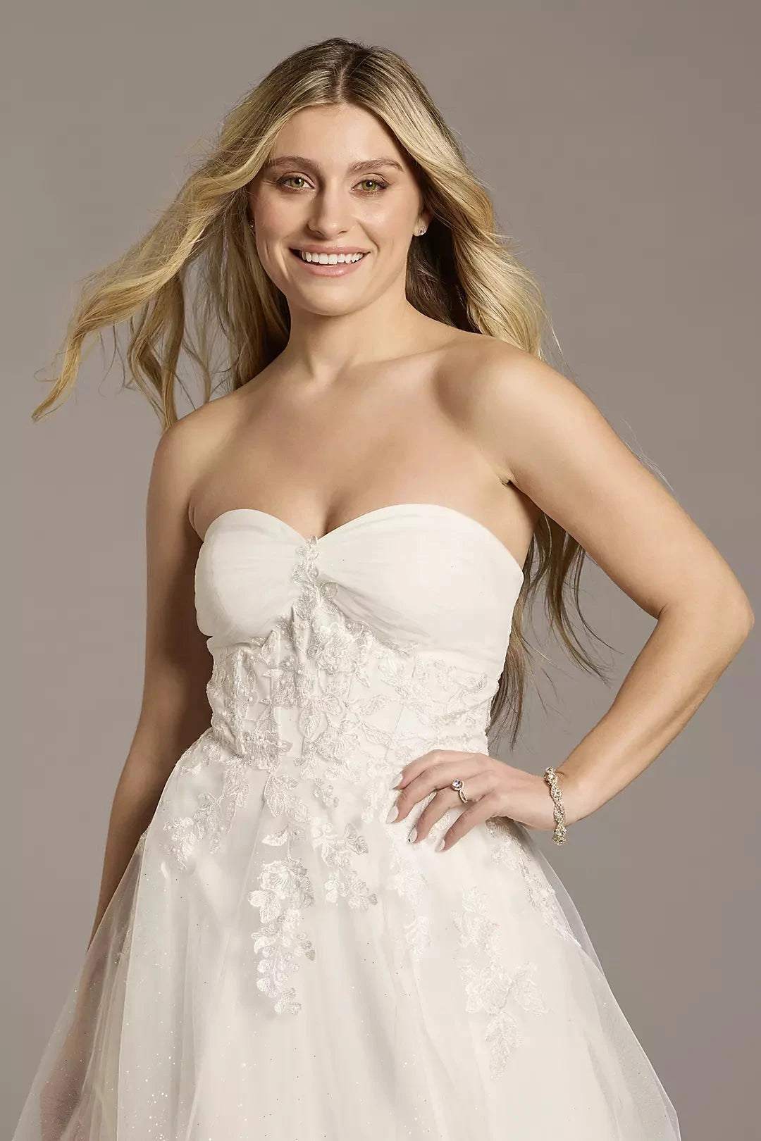 Enchanted Glitter-Tulle A-Line Off-the-Shoulder Puff-Sleeve Lace-Embellished Wedding Dress by YiHuiw