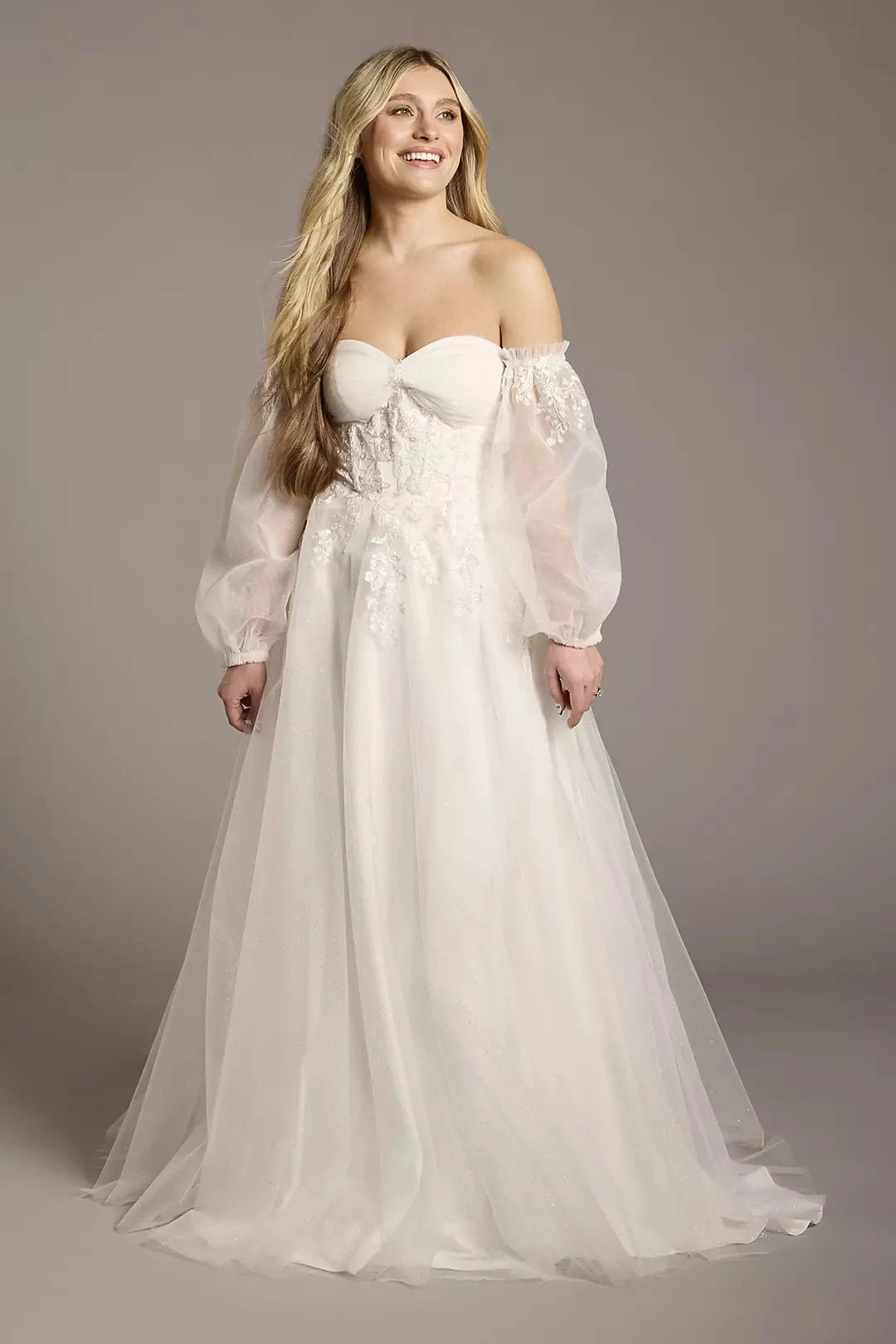 Enchanted Glitter-Tulle A-Line Off-the-Shoulder Puff-Sleeve Lace-Embellished Wedding Dress by YiHuiw